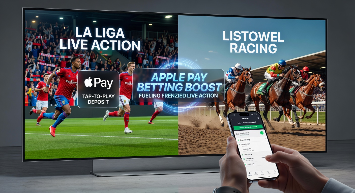 Close-up of Apple Pay interface on a betting app during Listowel Races, overlayed with live odds for a horse nearing the finish line
