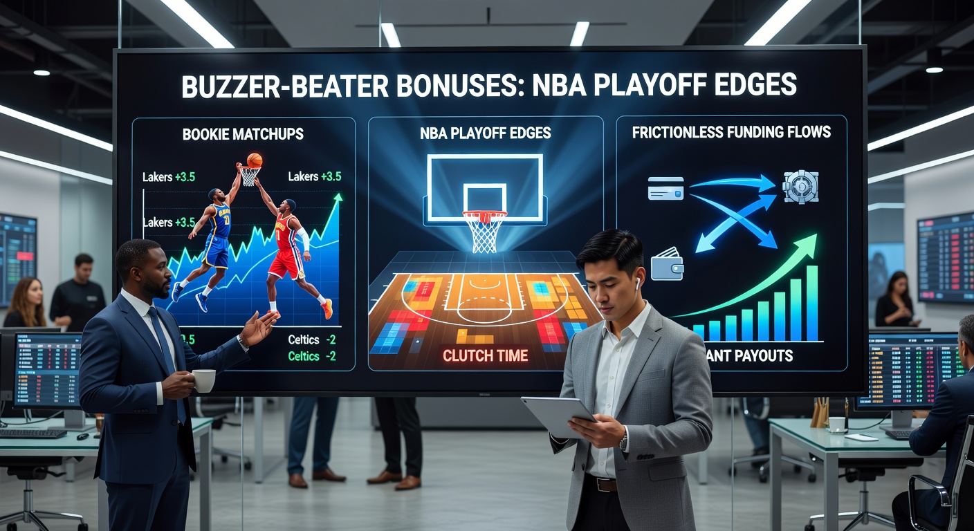 Sportsbook interface displaying NBA playoff odds with bonus promotions highlighted, alongside fast payment icons for seamless funding