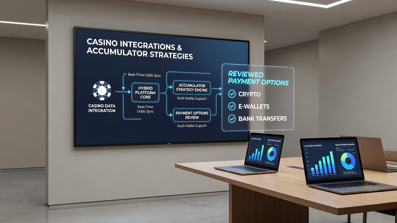 Accumulator bet builder interface merged with casino wallet and reviewed payment selection screens on a hybrid platform
