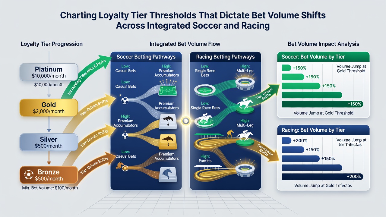 Analytics chart illustrating bet volume changes tied to loyalty tier thresholds in soccer and racing integration