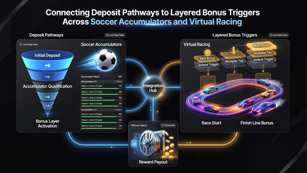 Layered bonus structures applied to virtual racing and soccer accumulators