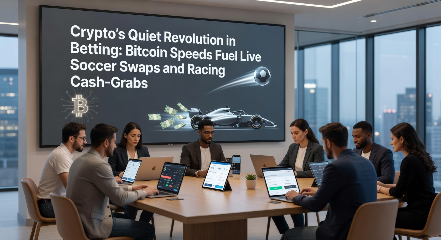 Soccer stadium scene with overlaid bitcoin lightning bolts adn racing horses crossing finish line