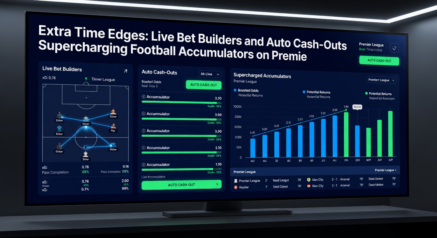 Infographic illustrating accumulator odds growth with live bet builders and auto cash-out triggers during extra time scenarios