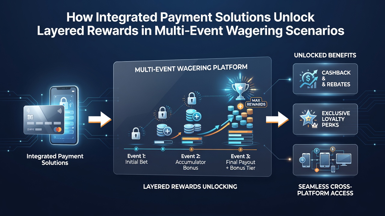 Dashboard view of layered rewards unlocking during multi-leg wagering with payment integration