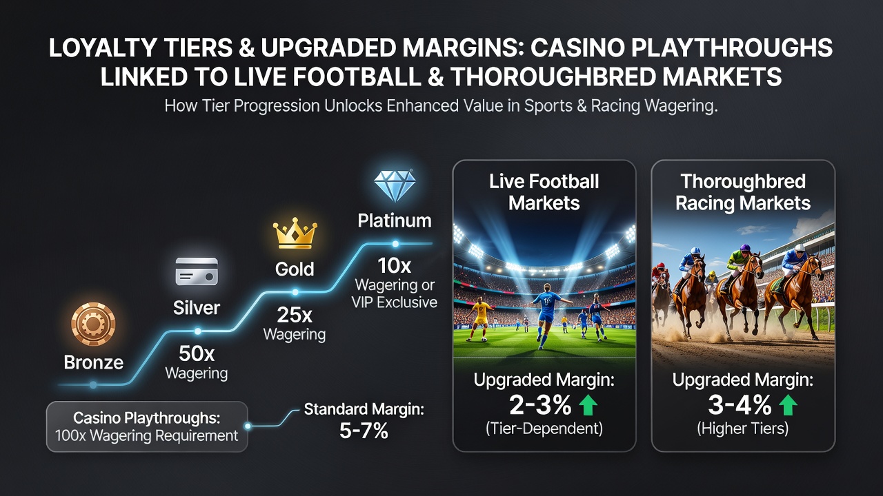 Live football and thoroughbred racing betting interface displaying margin adjustments for loyalty members