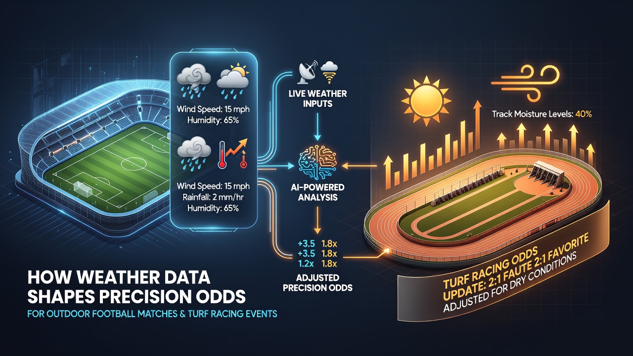 Turf racing track conditions under varying weather with data overlays for betting analysis