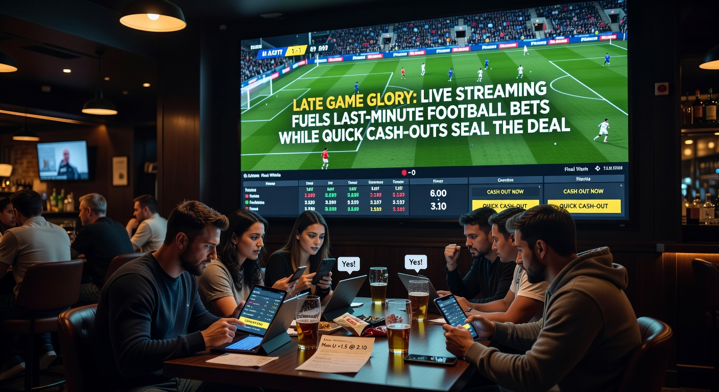 Intense late-stage football action on a live stream screen overlaid with dynamic betting odds and cash-out buttons, capturing the thrill of last-minute wagers