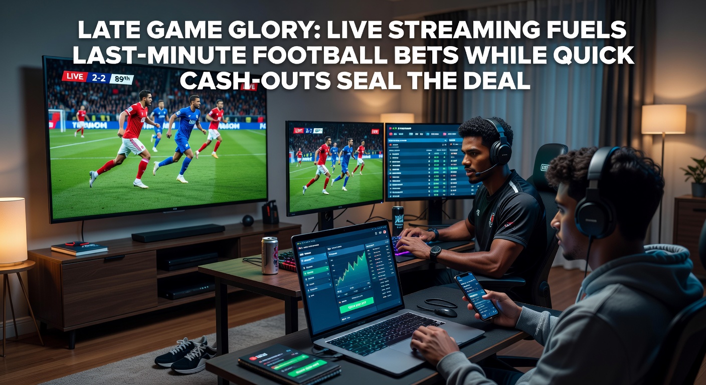 Close-up of a bettor's phone showing a live football stream with a prominent cash-out option activated mid-match, odds fluctuating in real-time