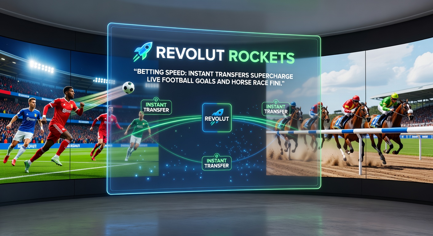 Horse racing track with close finish, overlaid with Revolut transfer screen on a mobile device
