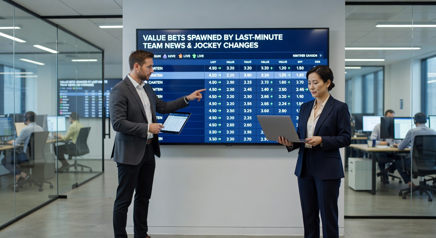 Dynamic graphic showing a football lineup change announcement overlapping with a horse racing jockey swap, highlighting odds fluctuations on a betting interface