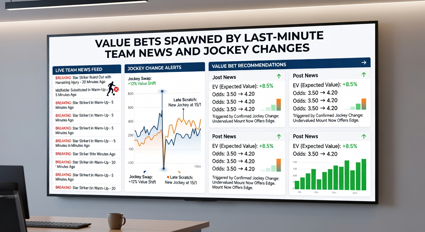 Close-up of a racecourse tote board reacting to a jockey change announcement, with overlaid football team sheet revealing a surprise substitution and shifting odds graphs