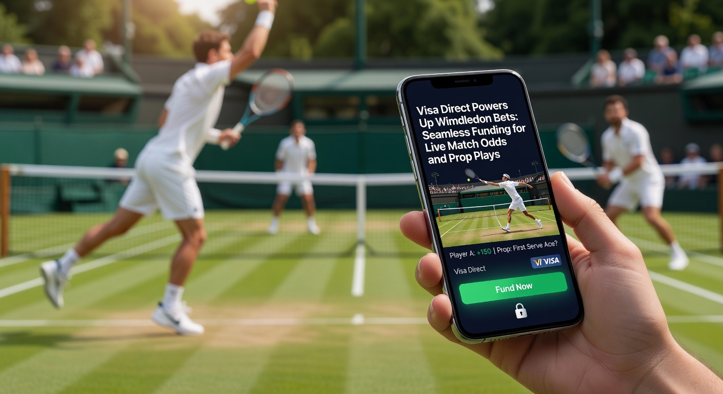 Tennis player serving at Wimbledon with digital payment overlays showing instant Visa Direct transfers