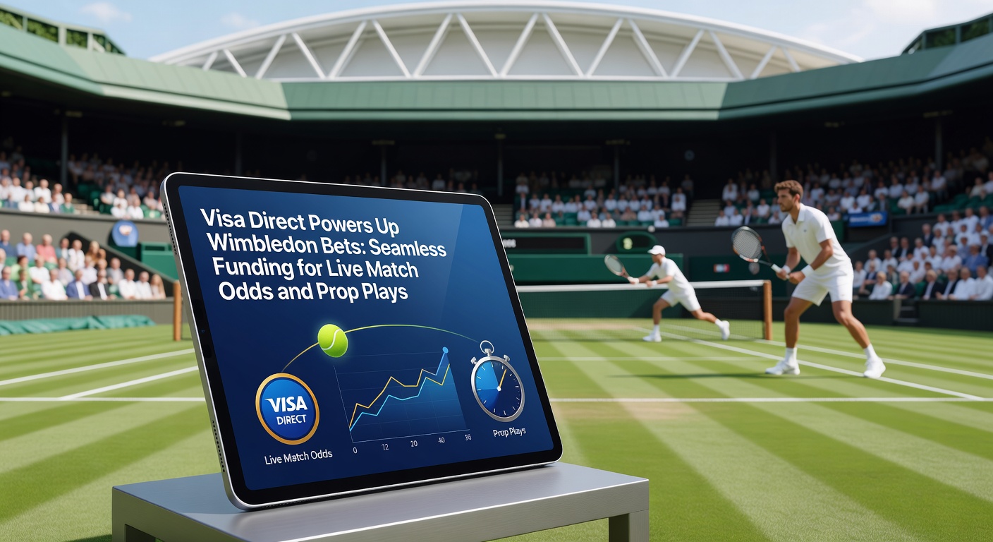 Close-up of Wimbledon scoreboard with live betting odds updating in real-time alongside Visa Direct instant deposit icons