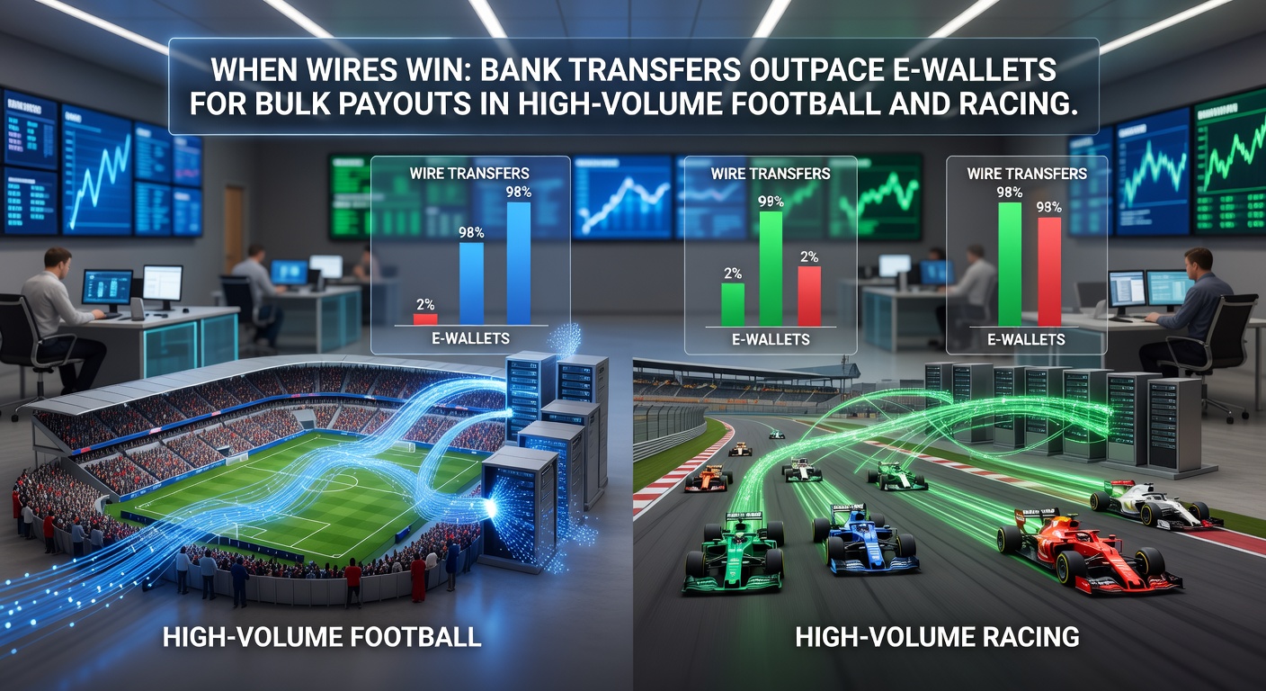 Comparison chart of bank transfer versus e-wallet fees and limits for bulk betting payouts, featuring football and horse racing icons